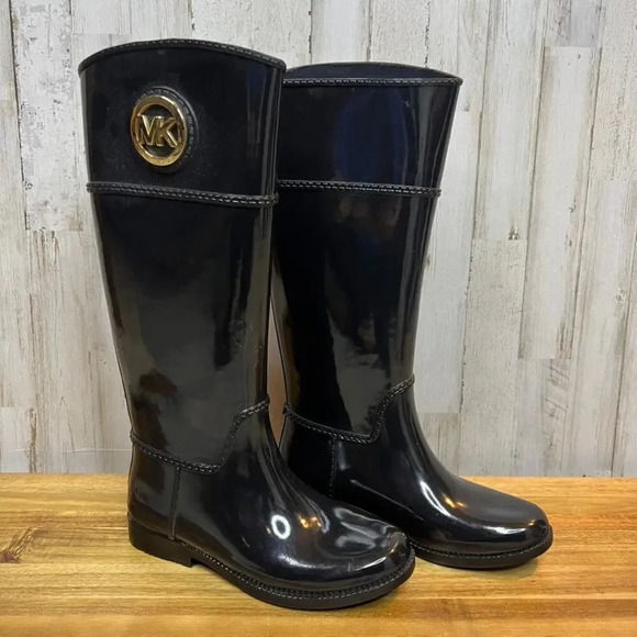 Michael‎ Kors Women's Size 7 Stockard Tall Gloss Black Knee-High Rain Boots